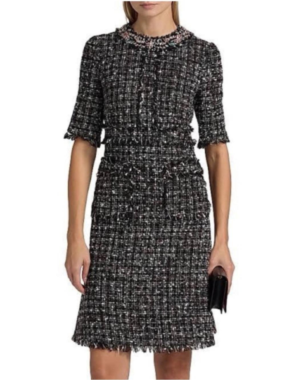 Rickie Freeman Teri Jon Tweed Dress Womens 16 Black NWT Crystal Fringe Pockets